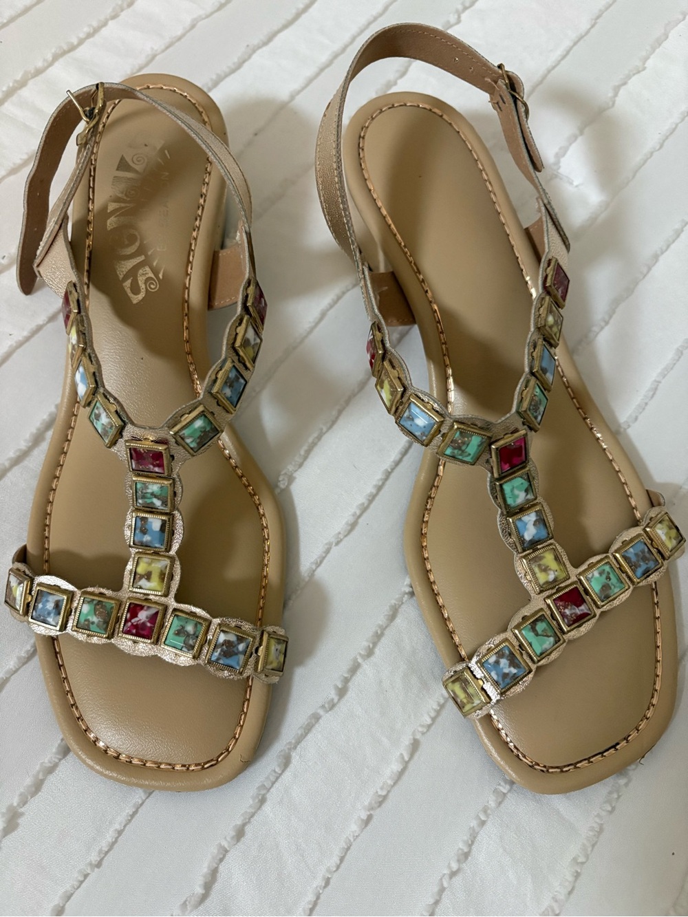 Beacon Tan T-Strap Sandals with Multicolor Gemstones